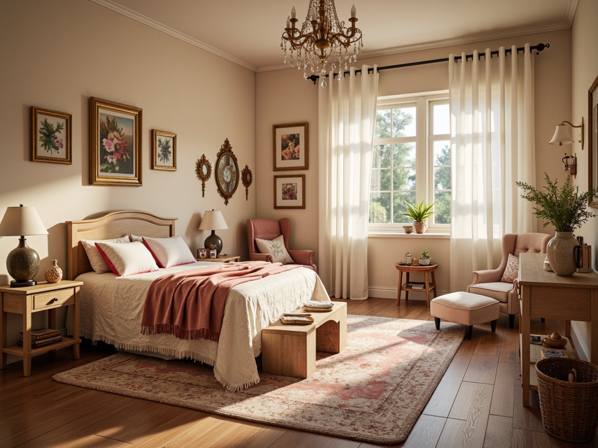 Prompt: Whimsical kid's bedroom, soft warm glow, ornate metal chandeliers, crystal drops, vintage lanterns, delicate florals, pastel color palette, rich wood tones, plush area rugs, intricately carved furniture, velvet drapes, lace trimmings, antique clocks, distressed finishes, cozy reading nooks, warm beige walls, creamy white ceilings, decorative wall mirrors, ornate picture frames, 1/2 composition, softbox lighting, romantic ambiance.