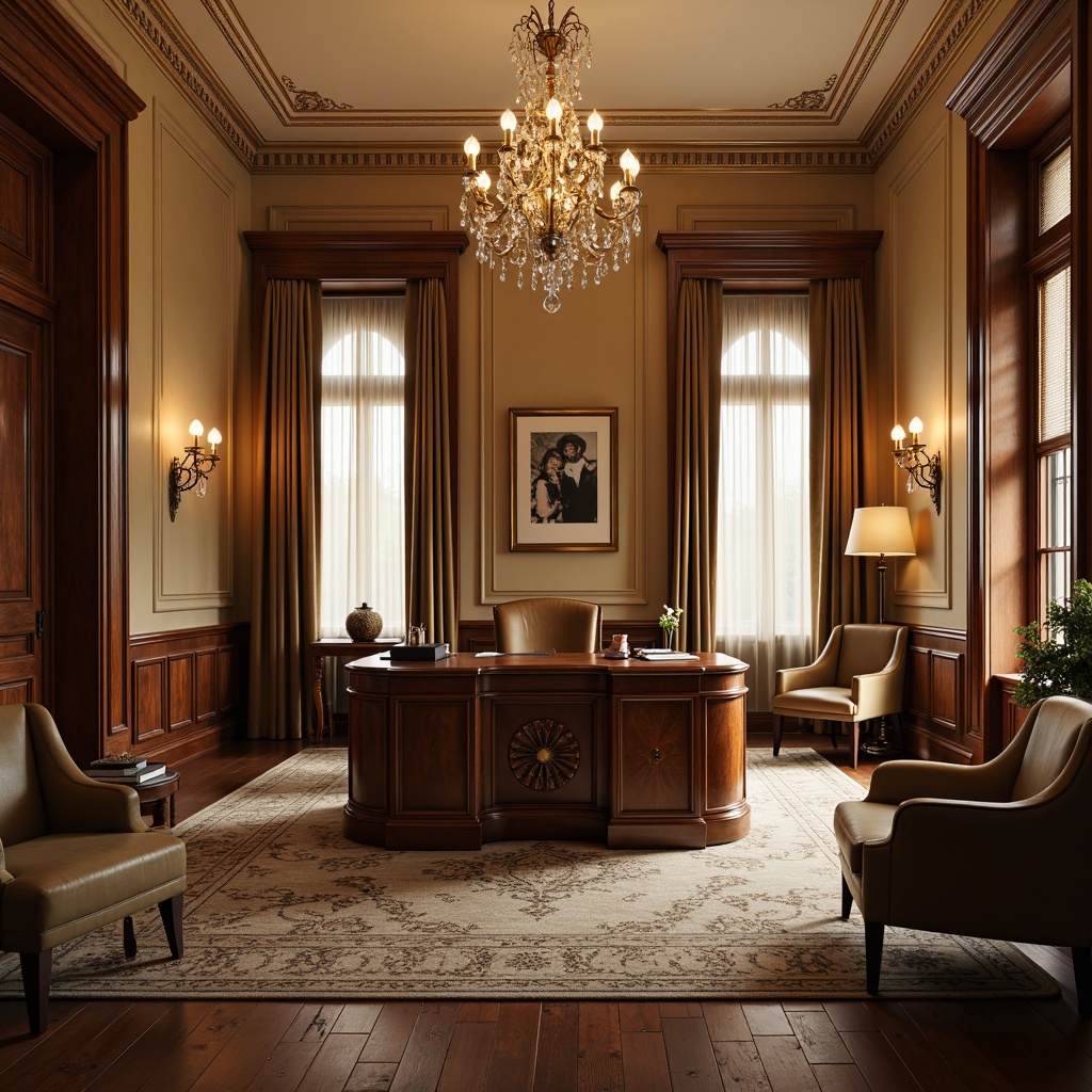 Prompt: Elegant home office, classicism style, wooden desk, leather chair, warm beige walls, rich brown wood tones, ornate ceiling molding, crystal chandelier, bronze sconces, table lamps, soft warm lighting, indirect illumination, ambient glow, subtle shadows, 1/2 composition, shallow depth of field, realistic textures, elegant fabrics, refined metallic accents.