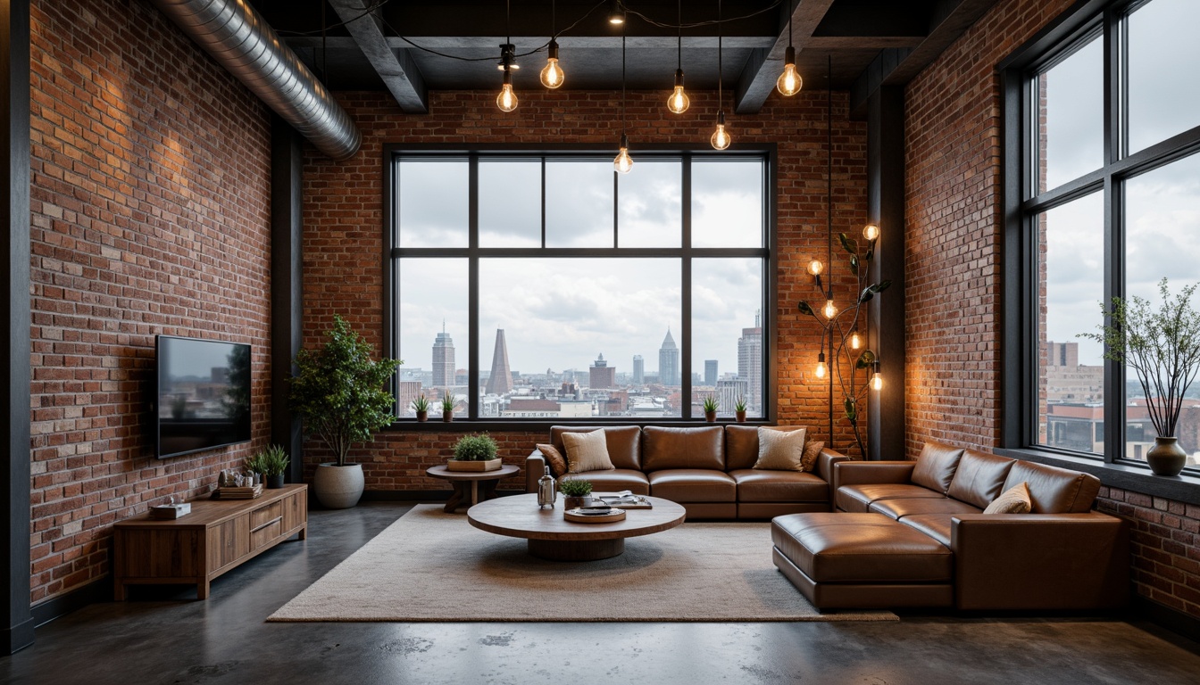 Prompt: Retro-futuristic living room, exposed brick walls, polished concrete floors, industrial metal beams, reclaimed wood accents, vintage factory windows, minimalist modern furniture, sleek leather sofas, metallic lighting fixtures, Edison bulb chandeliers, urban cityscape views, cloudy day, warm softbox lighting, shallow depth of field, 2/3 composition, realistic textures, ambient occlusion.