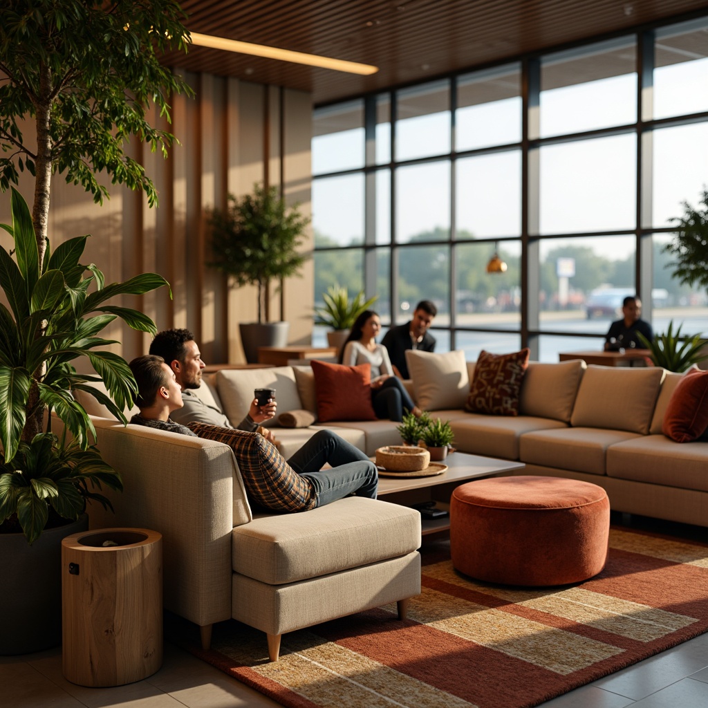 Prompt: Cozy travel lounge, plush sofas, vibrant throw pillows, rustic wooden accents, warm beige tones, soft ambient lighting, comfortable ottomans, natural stone flooring, lush greenery, tropical plants, modern minimalist decor, large windows, panoramic views, busy airport atmosphere, relaxed traveler, warm cup of coffee, refreshing beverages, soothing music, 3/4 composition, shallow depth of field, realistic textures.