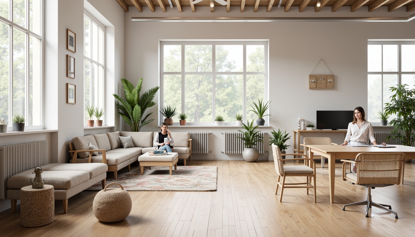 Prompt: Minimalist office interior, light-filled space, wooden floors, ergonomic chairs, sleek desks, Nordic-inspired furniture, pastel-colored walls, natural textiles, woven baskets, potted plants, geometric patterns, metallic accents, floor-to-ceiling windows, soft diffused lighting, 1/2 composition, shallow depth of field, realistic wood grain textures, ambient occlusion.