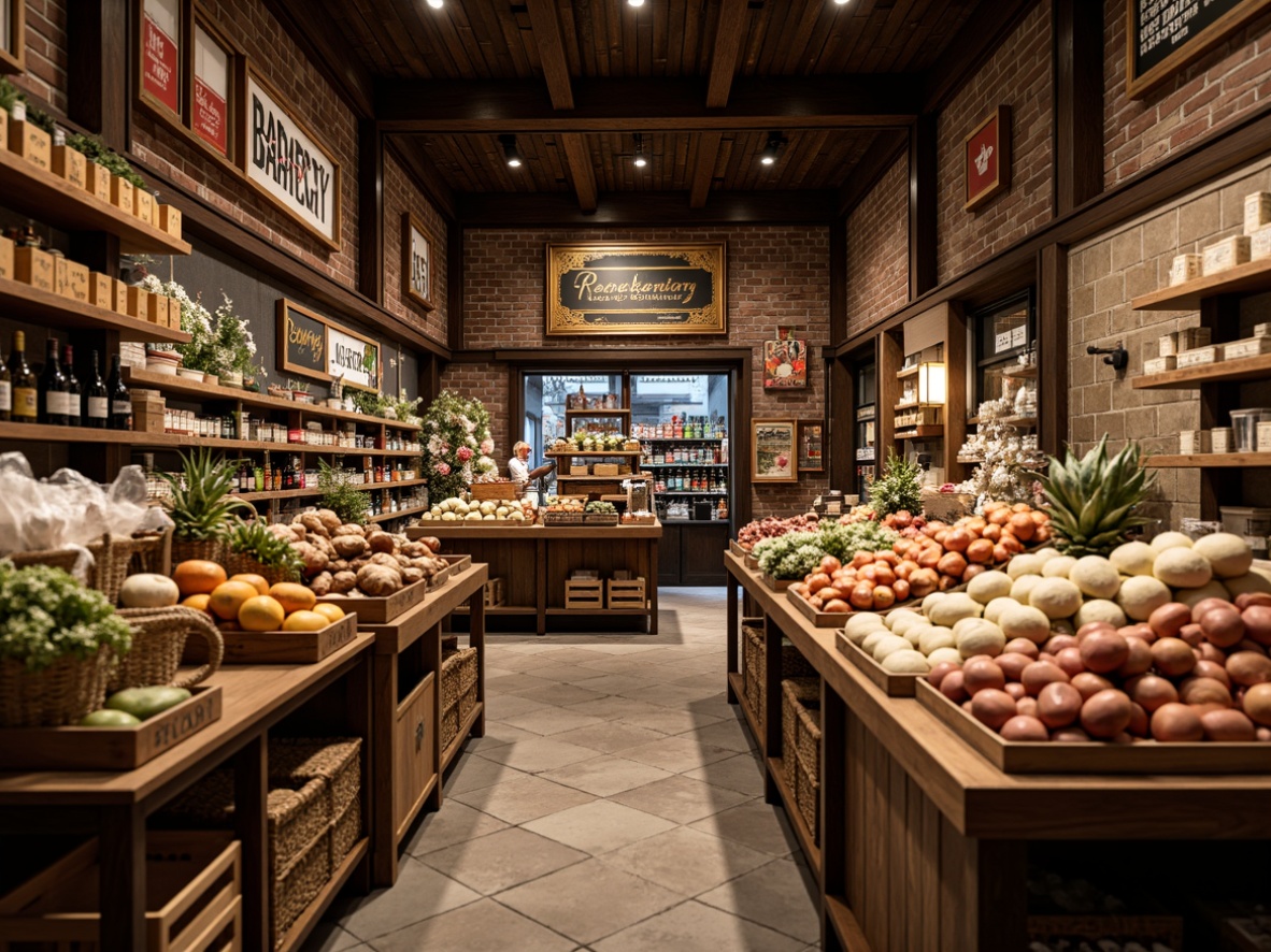 Prompt: Cozy traditional grocery store, warm wood accents, vintage signage, rustic brick walls, ornate metal fixtures, classic product displays, wooden crates, woven baskets, earthy color palette, soft warm lighting, shallow depth of field, 1/1 composition, realistic textures, ambient occlusion, busy shopping atmosphere, fresh produce stands, artisanal food stations, nostalgic packaging designs, distressed wood shelves, decorative ceramic tiles.