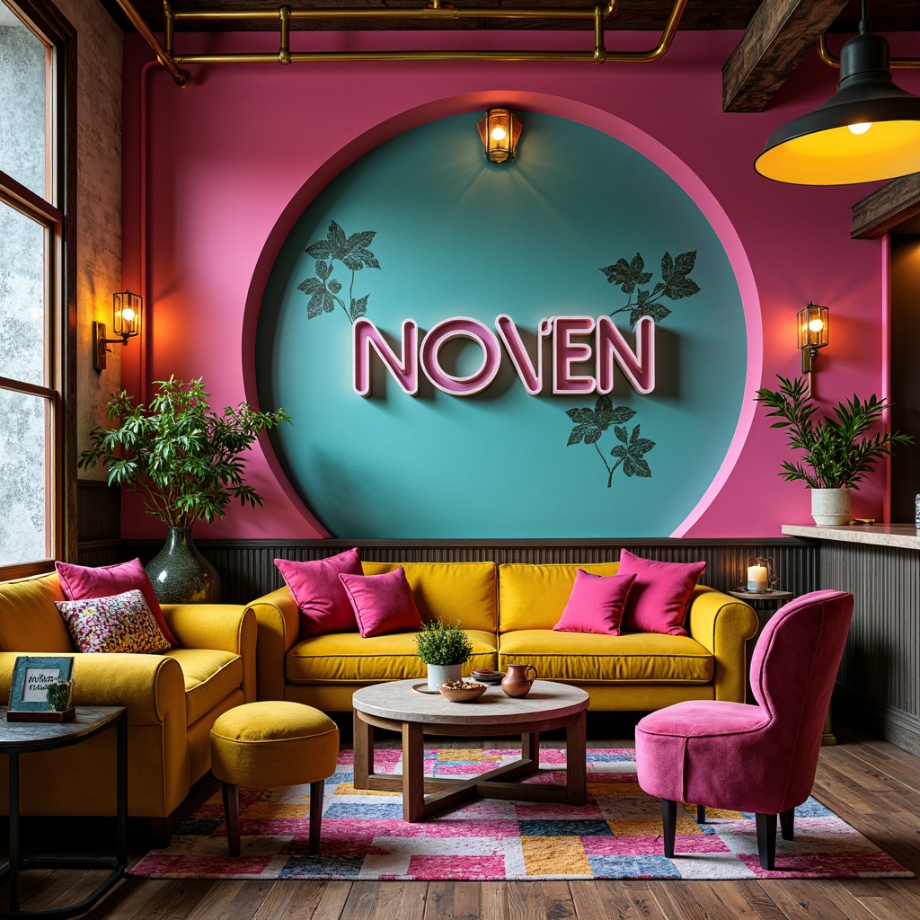 Prompt: Rich postmodern interior, bold eclectic colors, vibrant pink accents, turquoise statement walls, sunny yellow furniture, distressed wood textures, industrial metal tones, neon-lit signage, ornate gold fixtures, plush velvet fabrics, abstract geometric patterns, layered rugs, playful mismatched chairs, whimsical decorative accessories, warm atmospheric lighting, soft focus photography, 1/1 composition, shallow depth of field.