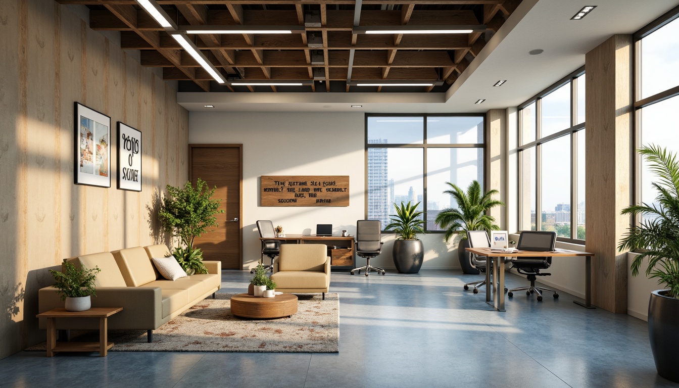 Prompt: Modern office space, calming atmosphere, soft natural light, earthy color scheme, beige walls, wooden furniture, greenery accents, vibrant blue undertones, minimalistic decor, ergonomic chairs, collaborative workstations, inspirational quotes, large windows, cityscape views, subtle textures, realistic renderings, 1/1 composition, warm lighting, shallow depth of field.