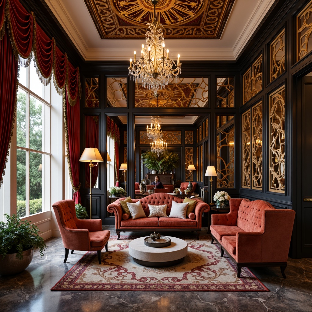 Prompt: Luxurious velvet fabrics, metallic thread embroidery, ornate geometric patterns, rich jewel-toned colors, lavish drapery, beaded fringe trim, intricate floral motifs, opulent satin finishes, glamorous crystal chandeliers, sophisticated marble floors, elegant curved lines, vintage-inspired furniture pieces, luxurious faux fur throws, dramatic floor-to-ceiling curtains, warm golden lighting, ornate metal accents, highly polished wood surfaces, 1920s-inspired decorative elements.