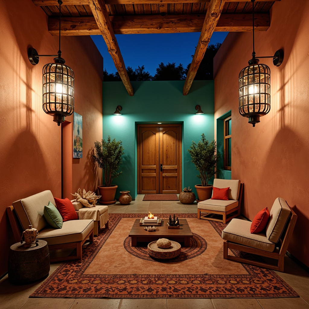 Prompt: Warm Southwestern ambiance, rustic wooden beams, earthy clay walls, vibrant turquoise accents, traditional Native American patterns, woven textiles, natural fiber rugs, handcrafted pottery, distressed metal lanterns, pendant lights with geometric motifs, warm bronze fixtures, candles in wrought iron holders, soft warm glow, cozy intimate spaces, low-key lighting, layered textures, organic shapes, desert botanicals, cacti silhouettes, starry night sky.