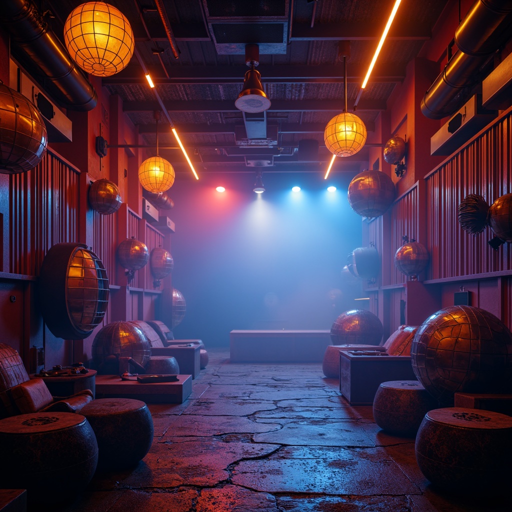 Prompt: Dramatic stage lighting, bold color schemes, abstract shapes, futuristic lamps, neon tubes, glowing orbs, metallic reflectors, geometric patterns, industrial textures, experimental materials, avant-garde designs, moody ambiance, low-key shadows, high-contrast highlights, cinematic atmosphere, 45-degree angles, Dutch tilt compositions, warm golden light, cool blue tones, misty fog effects.