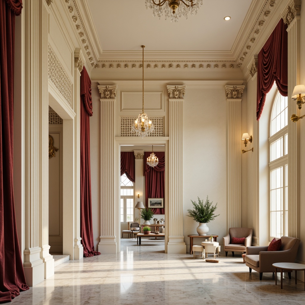 Prompt: Elegant neoclassical interior, ornate molding details, cream-colored walls, rich wood paneling, polished marble floors, grand chandeliers, symmetrical compositions, subtle lighting effects, soft warm color palette, intricate carvings, decorative pilasters, rounded archways, fluted columns, velvet drapes, luxurious furnishings, classical proportions, refined ornamentation, subtle texture variations, realistic material renderings, shallow depth of field, 1/2 composition, atmospheric perspective.