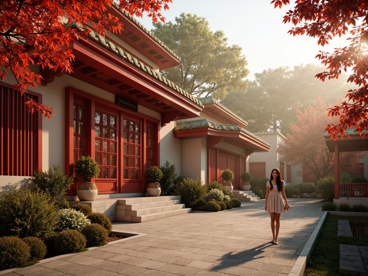 Prompt: Vibrant pagoda-inspired architecture, warm golden hues, rich crimson accents, creamy white walls, intricately carved wooden doors, ornate bronze hardware, subtle jade green undertones, majestic red roofs, delicate cherry blossom patterns, serene natural surroundings, misty morning lighting, soft warm glow, shallow depth of field, 1/2 composition, realistic textures, ambient occlusion.