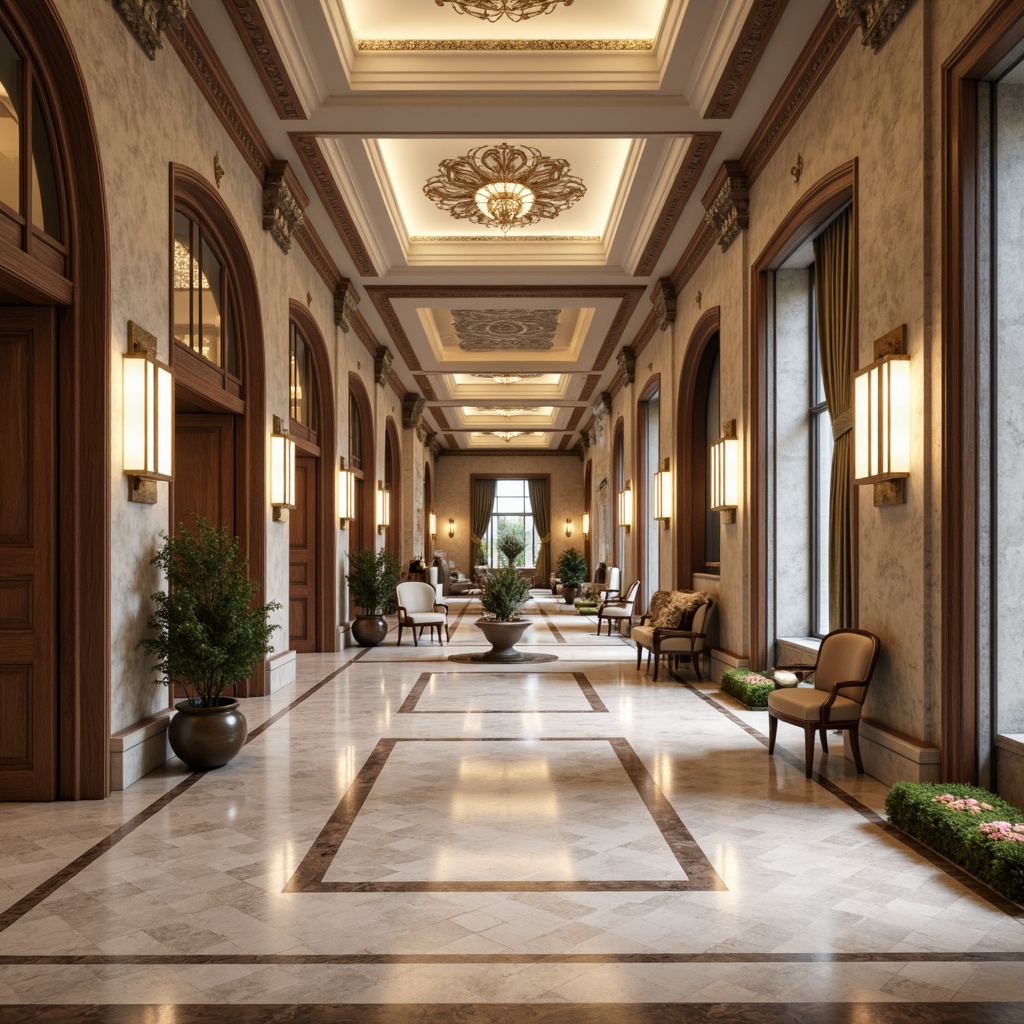 Prompt: Polished marble floors, elegant herringbone wood patterns, sophisticated travertine tiles, ornate metal inlays, refined healthcare facilities, neoclassical architectural details, stately columns, grand archways, soft warm lighting, shallow depth of field, 3/4 composition, realistic textures, ambient occlusion, serene atmosphere, calming color palette, luxurious furniture, plush carpets, natural stone walls, intricate moldings, ornate ceiling designs, large windows, abundant natural light.