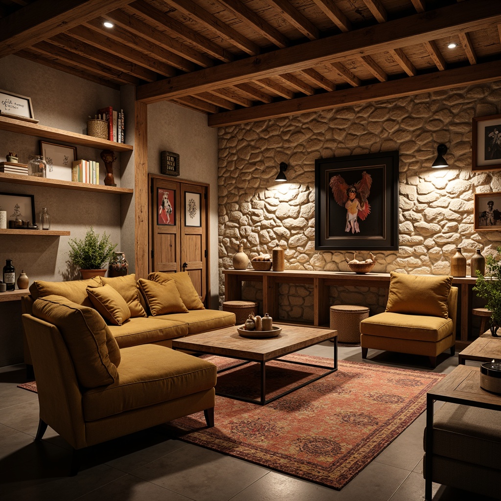 Prompt: Cozy basement, warm lighting, comfortable seating, plush sofas, rustic wood coffee tables, industrial metal chairs, reclaimed wood shelving, vintage decor, soft area rugs, earthy color palette, natural stone walls, ambient shadows, shallow depth of field, 3/4 composition, realistic textures, warm color tones.