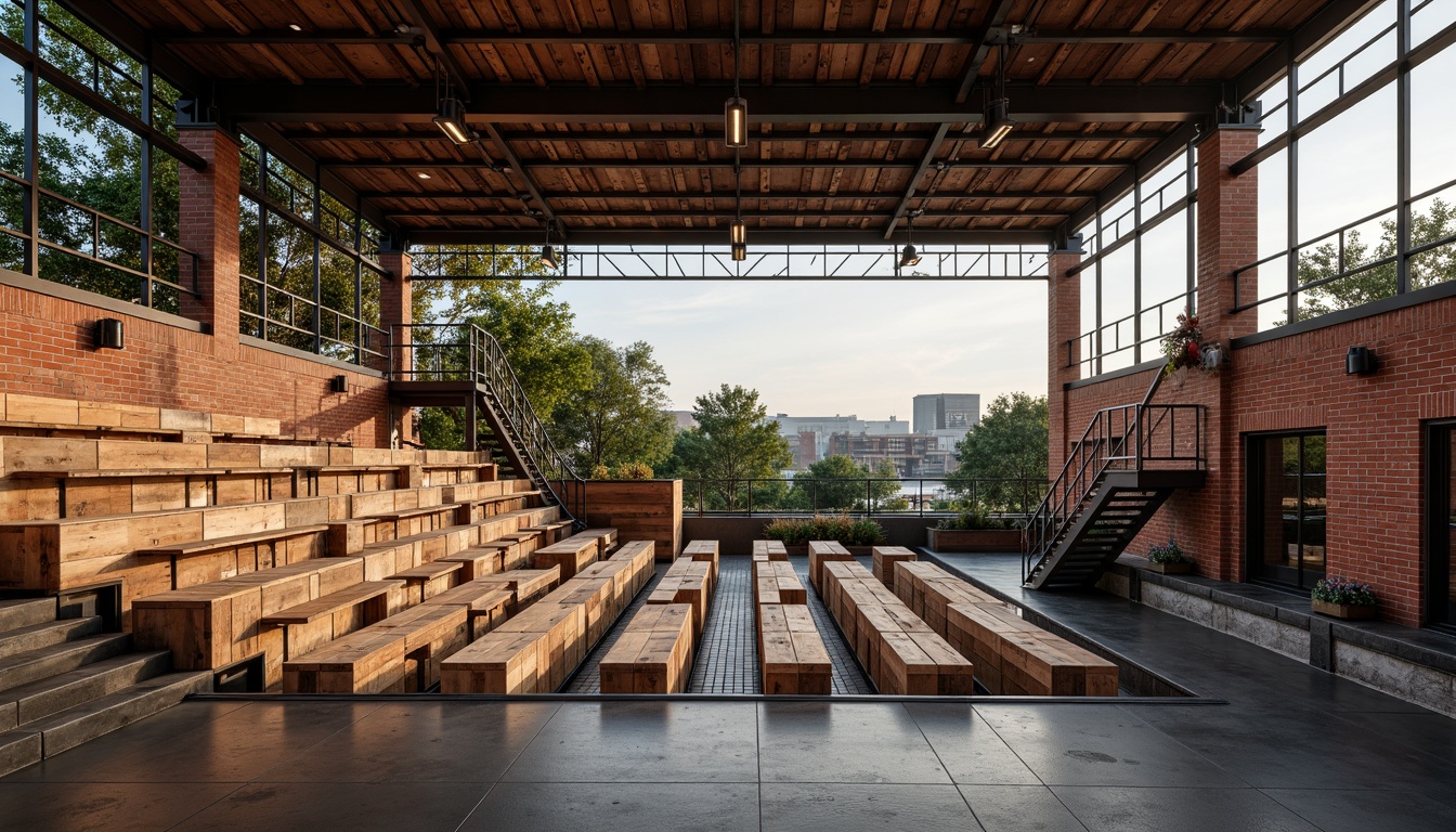 Prompt: Rustic industrial amphitheater, reclaimed wood seating, metal beam framework, exposed brick walls, urban landscape views, contemporary minimalist design, curved row arrangements, vibrant color accents, functional lighting systems, metallic staircases, distressed concrete floors, eclectic decorative elements, edgy architectural details, dynamic angular shapes, warm atmospheric ambiance, softbox lighting, 1/2 composition, cinematic camera angles.