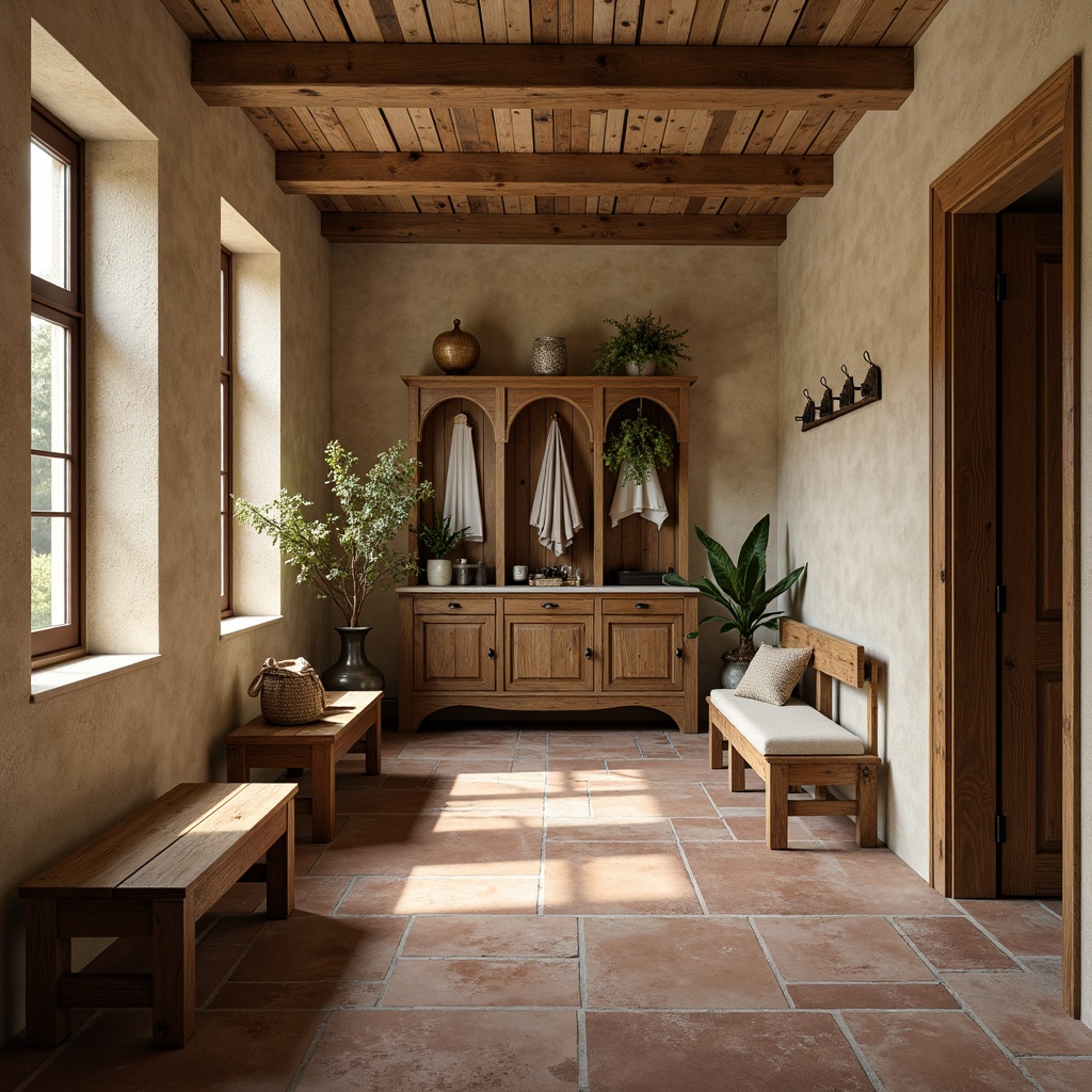 Prompt: Renaissance mudroom, rustic wooden benches, vintage metal hooks, earthy terracotta flooring, distressed stone walls, warm beige accents, soft sage greenery, rich walnut cabinetry, ornate bronze hardware, creamy ivory trim, natural linen textiles, ambient warm lighting, shallow depth of field, 3/4 composition, panoramic view, realistic textures, subtle shadows.