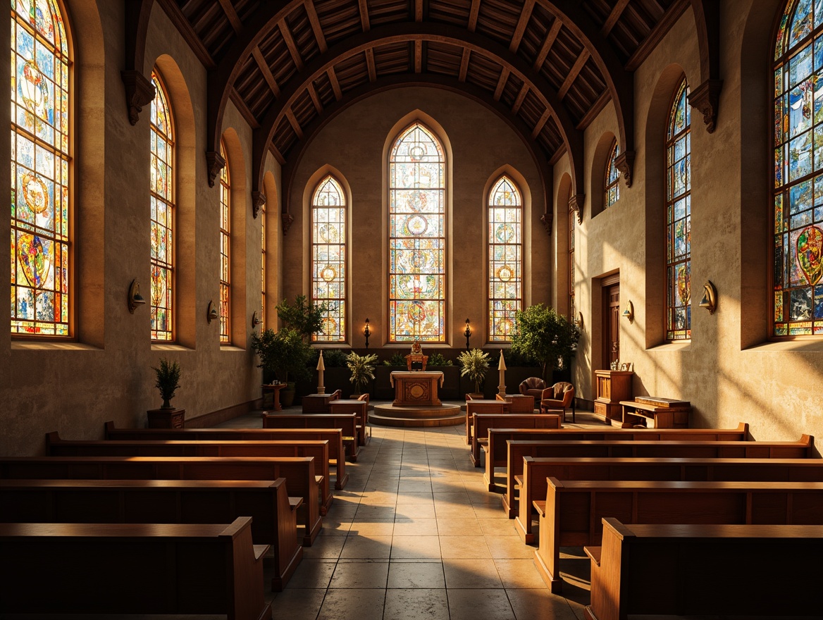 Prompt: Rustic church interior, worn stone walls, wooden pews, ornate altar, vibrant stained glass windows, intricate geometric patterns, warm golden lighting, soft diffused colors, rich textures, medieval-inspired architecture, grand high ceilings, decorative ribbed vaults, ornamental tracery, subtle animations, dramatic chiaroscuro, 1/2 composition, atmospheric perspective, realistic reflections.