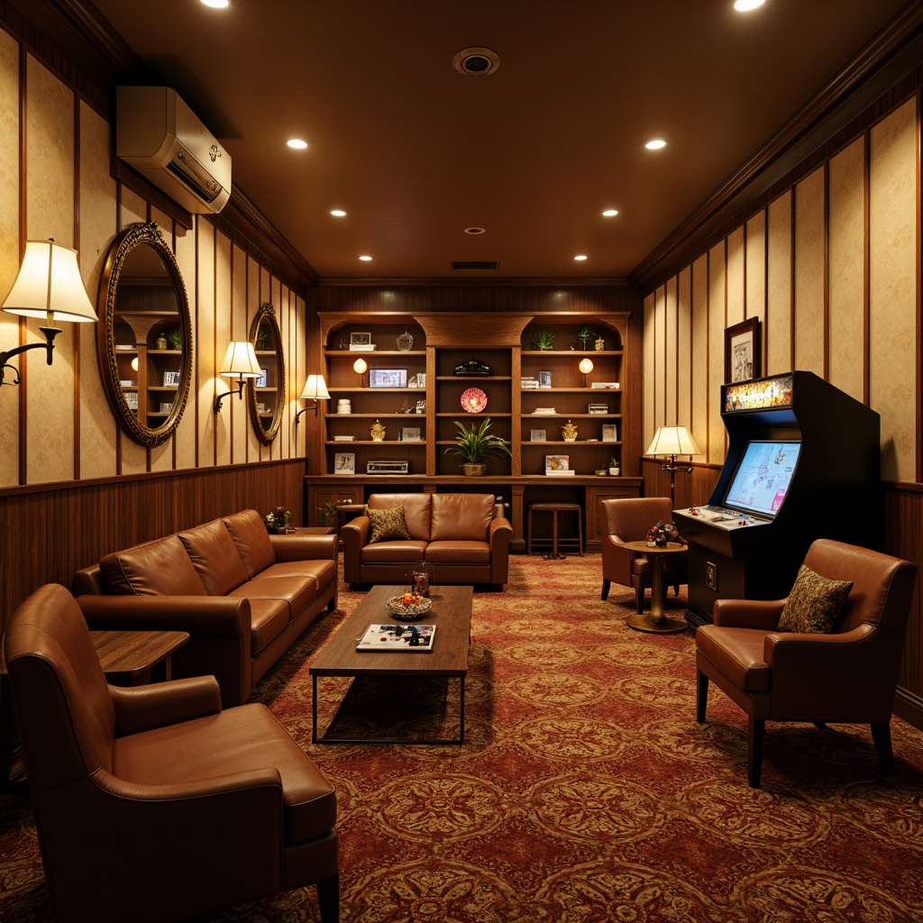 Prompt: Cozy game room, traditional wooden paneling, warm beige walls, plush carpet flooring, comfortable leather sofas, wooden coffee tables, vintage armchairs, ornate mirrors, rustic wooden shelves, classic video games consoles, retro arcade machines, soft box lighting, warm golden glow, shallow depth of field, 1/1 composition, realistic textures, ambient occlusion.