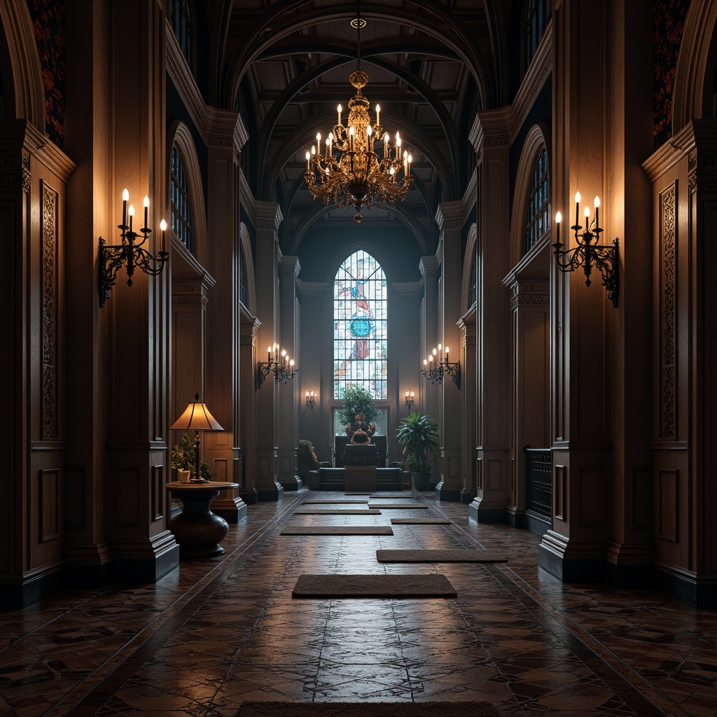 Prompt: Dark wooden flooring, ornate stone tiles, luxurious velvet rugs, intricate mosaic patterns, richly polished marble, Gothic-inspired inlays, mysterious dark corridors, grand cathedral ceilings, stained glass windows, dramatic chandeliers, warm candlelight, atmospheric misty ambiance, cinematic shallow depth of field, 1/1 composition, realistic textures, ambient occlusion.