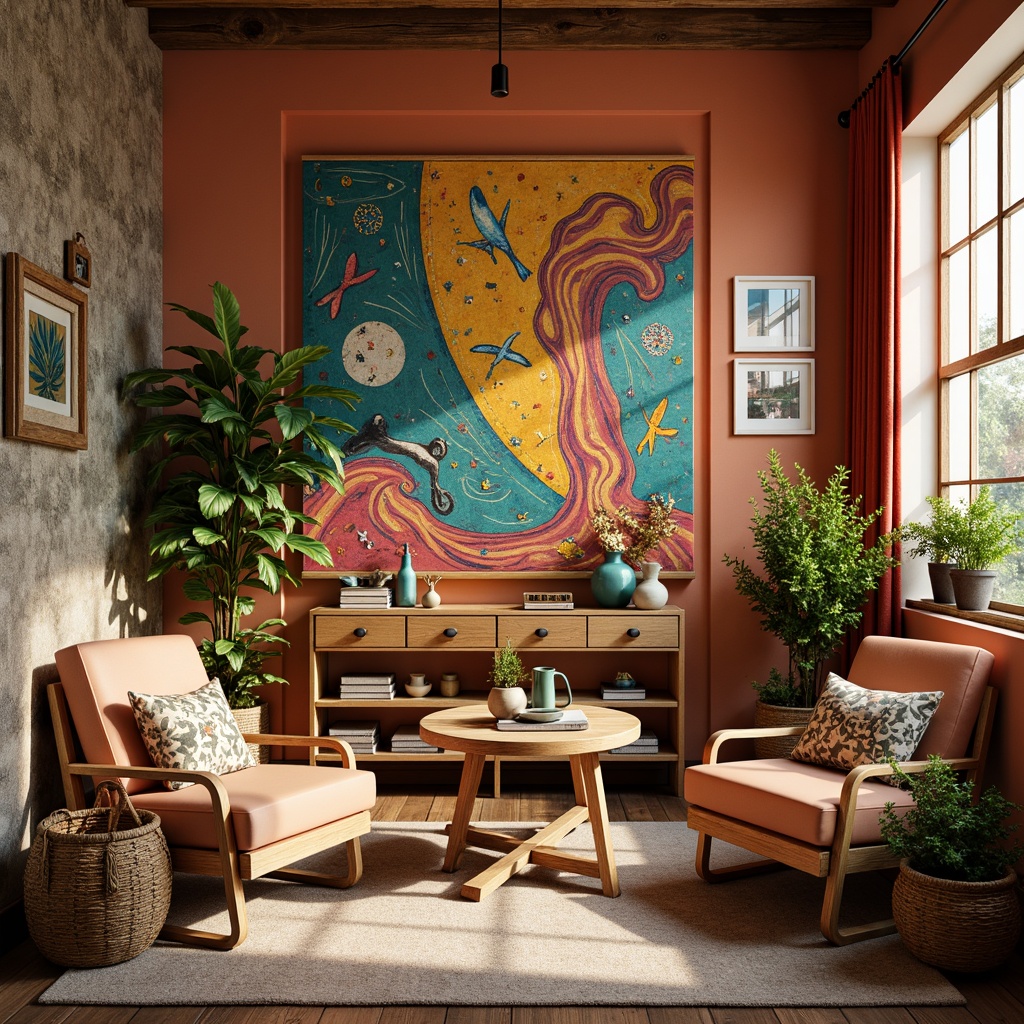 Prompt: Vibrant artistic studio, eclectic mix of colors, warm golden tones, rich turquoise accents, deep berry hues, soft peach undertones, whimsical patterns, bold geometric shapes, textured canvas, natural wood furniture, cozy ambient lighting, dramatic shadows, 1/2 composition, soft focus effect, subtle color gradations, delicate brushstrokes.