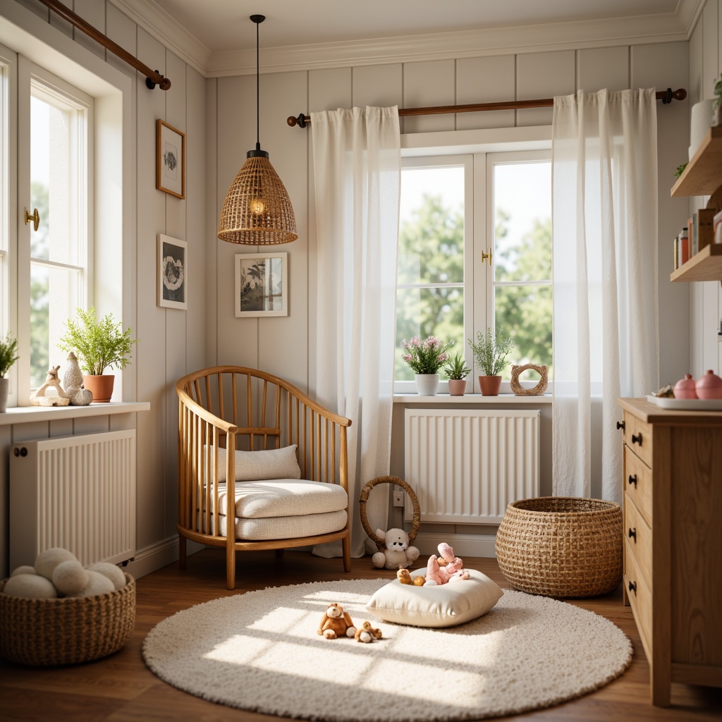 Prompt: Cozy baby room, warm vernacular style, soft pastel colors, plush toys, wooden crib, white linen fabrics, gentle lace curtains, vintage floral patterns, woven baskets, natural wood furniture, earthy tones, warm lighting, shallow depth of field, 1/1 composition, intimate atmosphere, realistic textures, ambient occlusion.