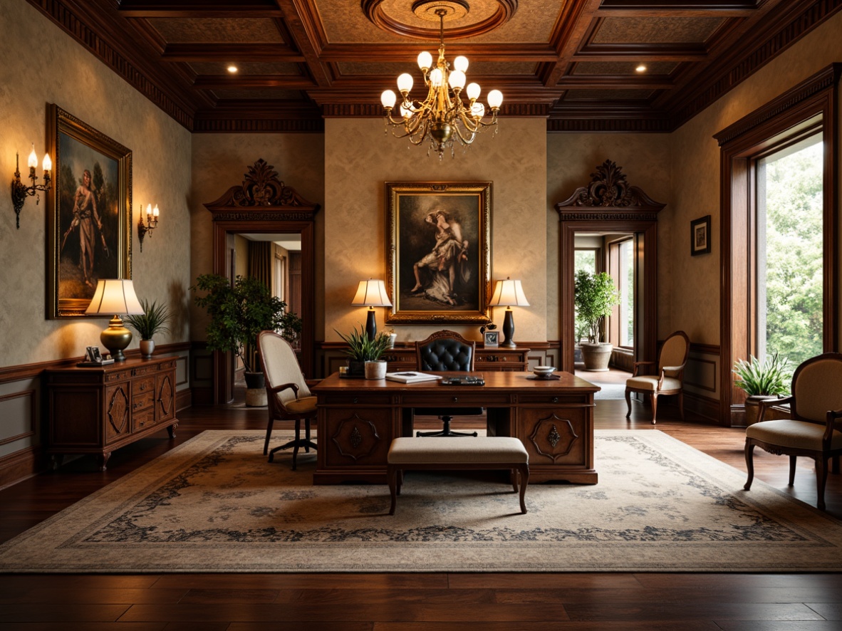 Prompt: Elegant home office, rich wood tones, ornate furnishings, luxurious fabrics, classic architectural details, carved wooden paneling, stately columns, grand chandeliers, refined bronze hardware, sophisticated color palette, warm beige walls, dark hardwood flooring, plush area rugs, statement artwork, antique furniture pieces, vintage accessories, soft warm lighting, shallow depth of field, 2/3 composition, realistic textures, ambient occlusion.