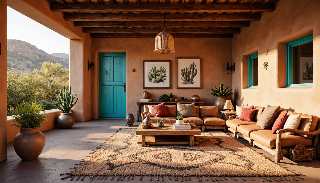 Prompt: Southwestern adobe architecture, warm earthy tones, rustic wooden accents, woven textiles, vibrant turquoise hues, bold geometric patterns, natural fiber rugs, distressed leather furniture, pendant lanterns, ornate metalwork, clay pottery vases, desert botanical prints, cactus silhouettes, warm golden lighting, shallow depth of field, 3/4 composition, realistic textures.