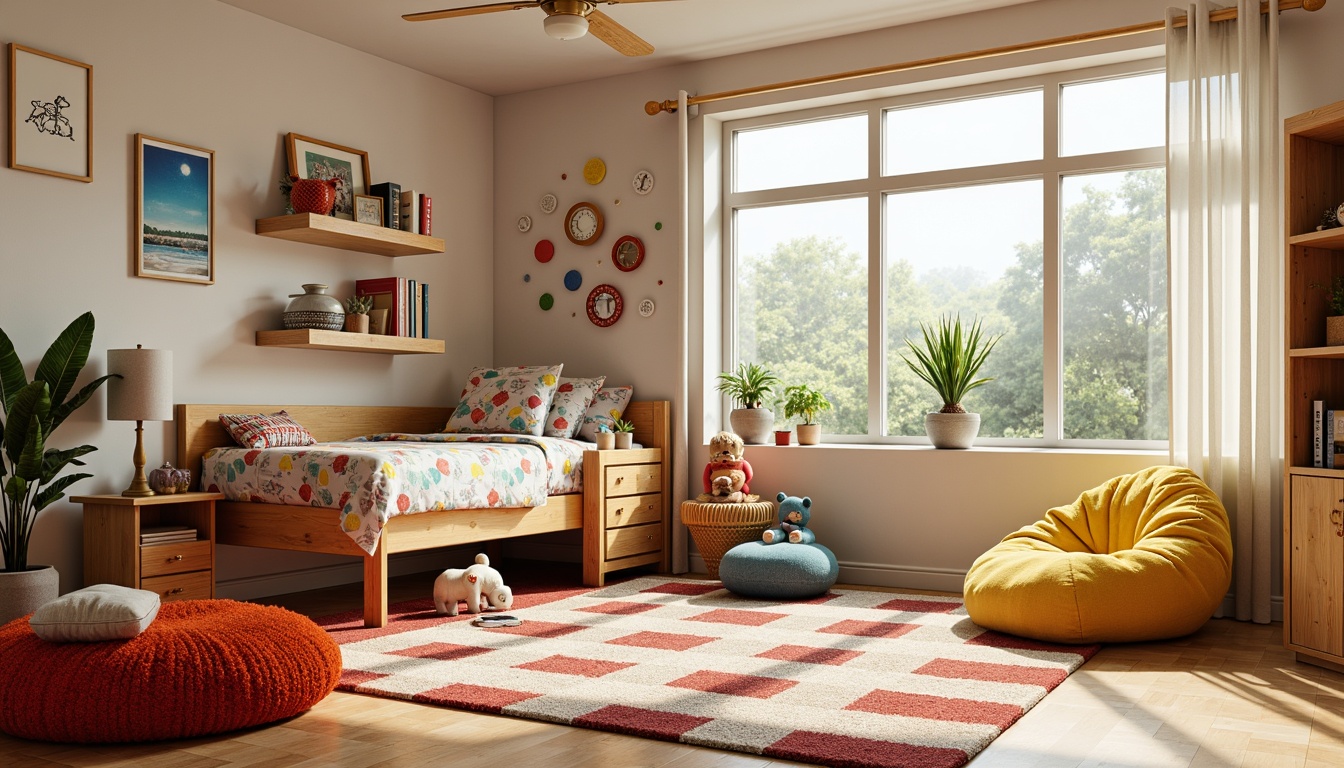 Prompt: Vibrant kids' room, mid-century modern style, wooden furniture, geometric patterns, colorful textiles, plush area rug, comfortable bean bags, fun patterned bedding, playful wall decals, natural wood accents, minimalist decor, abundant natural light, soft warm glow, shallow depth of field, 1/1 composition, realistic textures, ambient occlusion.