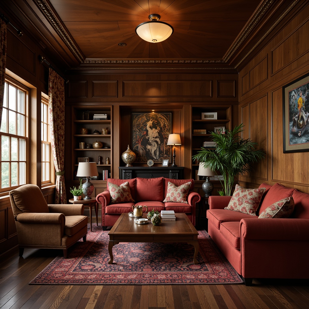 Prompt: Cozy game room, traditional furniture arrangement, warm wooden tones, comfortable plush sofas, vintage armchairs, rustic coffee tables, rich velvet drapes, ornate wooden paneling, classic bookshelves, antique decorative items, soft warm lighting, shallow depth of field, 1/1 composition, realistic textures, ambient occlusion.