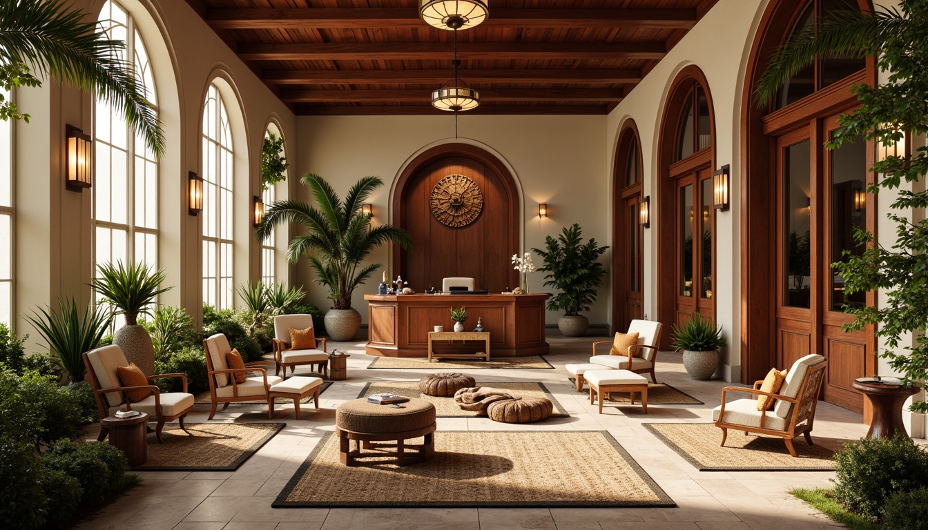 Prompt: Rich wood accents, luxurious velvet upholstery, tropical leaf patterns, elegant curved lines, polished brass hardware, natural stone floors, exotic hardwood furniture, woven rattan chairs, plush area rugs, statement lighting fixtures, dramatic high ceilings, airy open spaces, lush greenery, vibrant floral arrangements, warm beige walls, creamy white columns, ornate wooden carvings, sophisticated judge's bench, comfortable spectator seating, intricate wood inlays, subtle nautical nods, soft golden lighting, shallow depth of field, 1/2 composition, realistic textures, ambient occlusion.