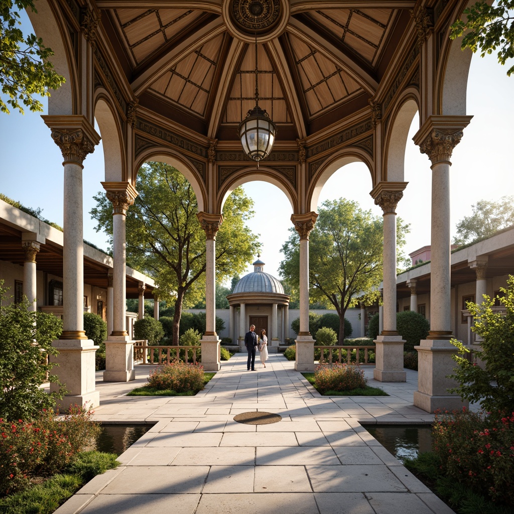 Prompt: Intricate pavilion, ornate columns, carved marble, gilded accents, grand dome, sweeping arches, elegant balustrades, ornamental cornices, rustic stone walls, lush greenery, vibrant flowers, tranquil water features, soft natural lighting, warm afternoon sun, shallow depth of field, 1/1 composition, symmetrical view, realistic textures, ambient occlusion.