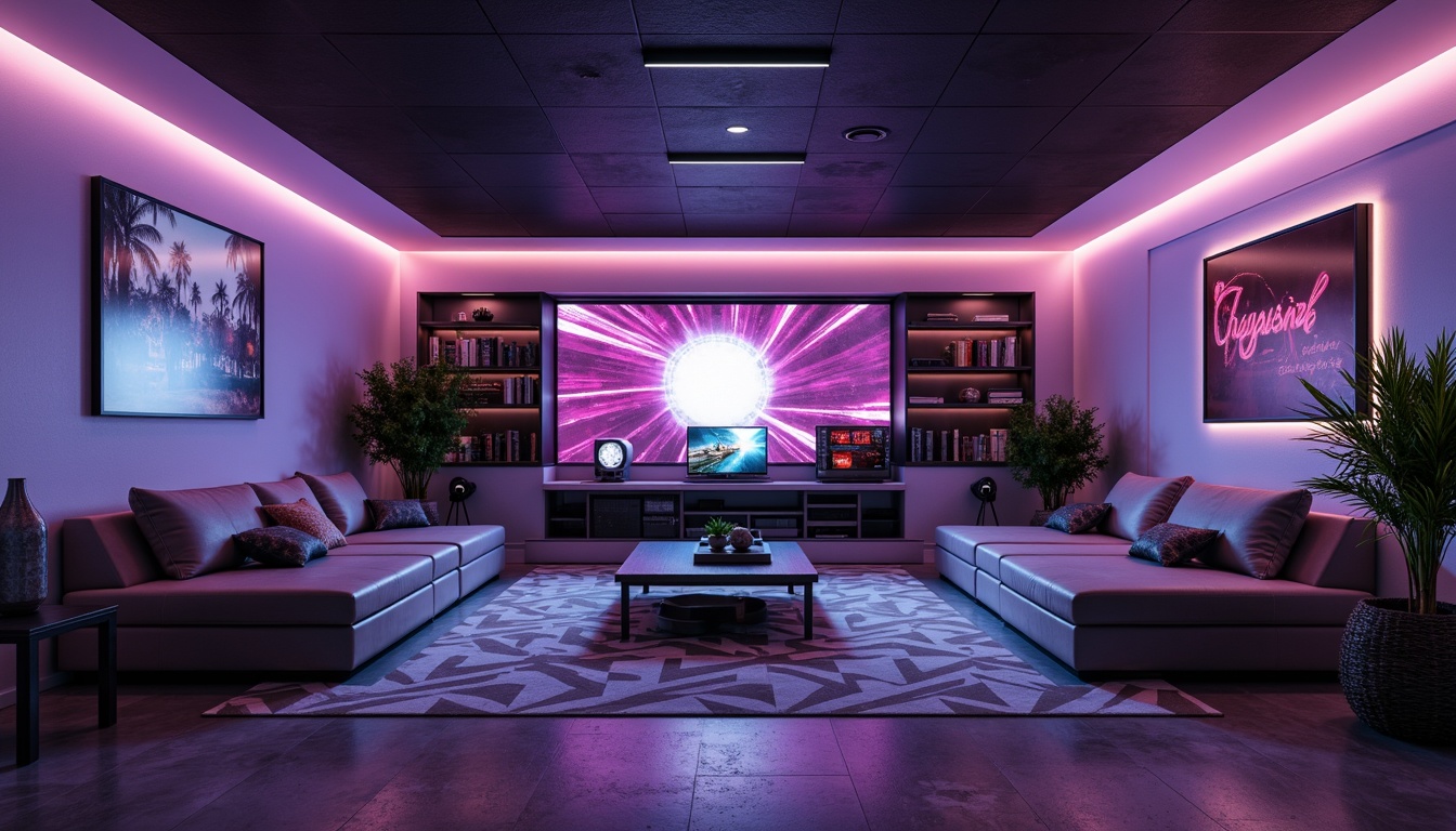 Prompt: Minimalist game room, sleek console tables, low-profile sofas, industrial-style metal chairs, modern LED lighting, geometric-patterned rugs, concrete floors, urban-chic decor, abstract artwork, futuristic gaming PCs, neon-lit ambient lighting, shallow depth of field, 1/1 composition, realistic textures, ambient occlusion.