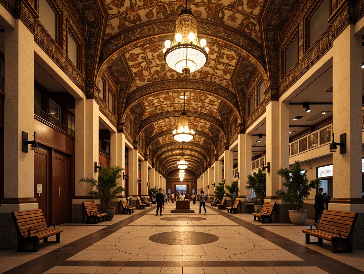 Prompt: Grandiose metro station, ornate chandeliers, intricate moldings, classic stone columns, vintage lamp posts, wooden benches, elegant archways, sophisticated tile work, decorative metal railings, luxurious marble floors, richly patterned ceilings, traditional Chinese motifs, warm golden lighting, shallow depth of field, 1/2 composition, symmetrical framing, realistic textures, ambient occlusion.