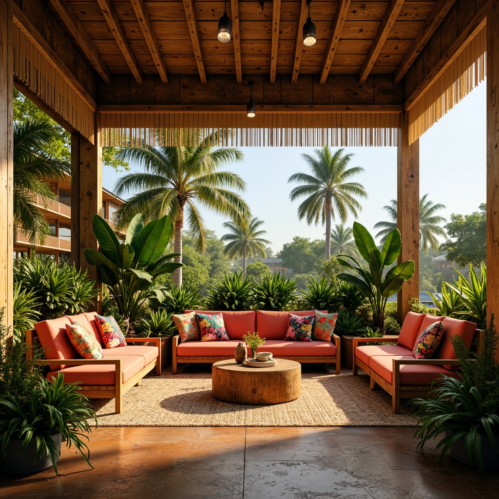 Prompt: Vibrant tropical family room, lush greenery, exotic floral patterns, woven rattan furniture, plush velvet sofas, natural fiber rugs, jute wall coverings, bamboo accents, colorful tassel trim, bold geometric prints, statement lighting fixtures, warm golden tones, cozy reading nooks, layered window treatments, sheer curtains, palm tree silhouettes, sunny afternoon light, soft warm glow, shallow depth of field, 3/4 composition.