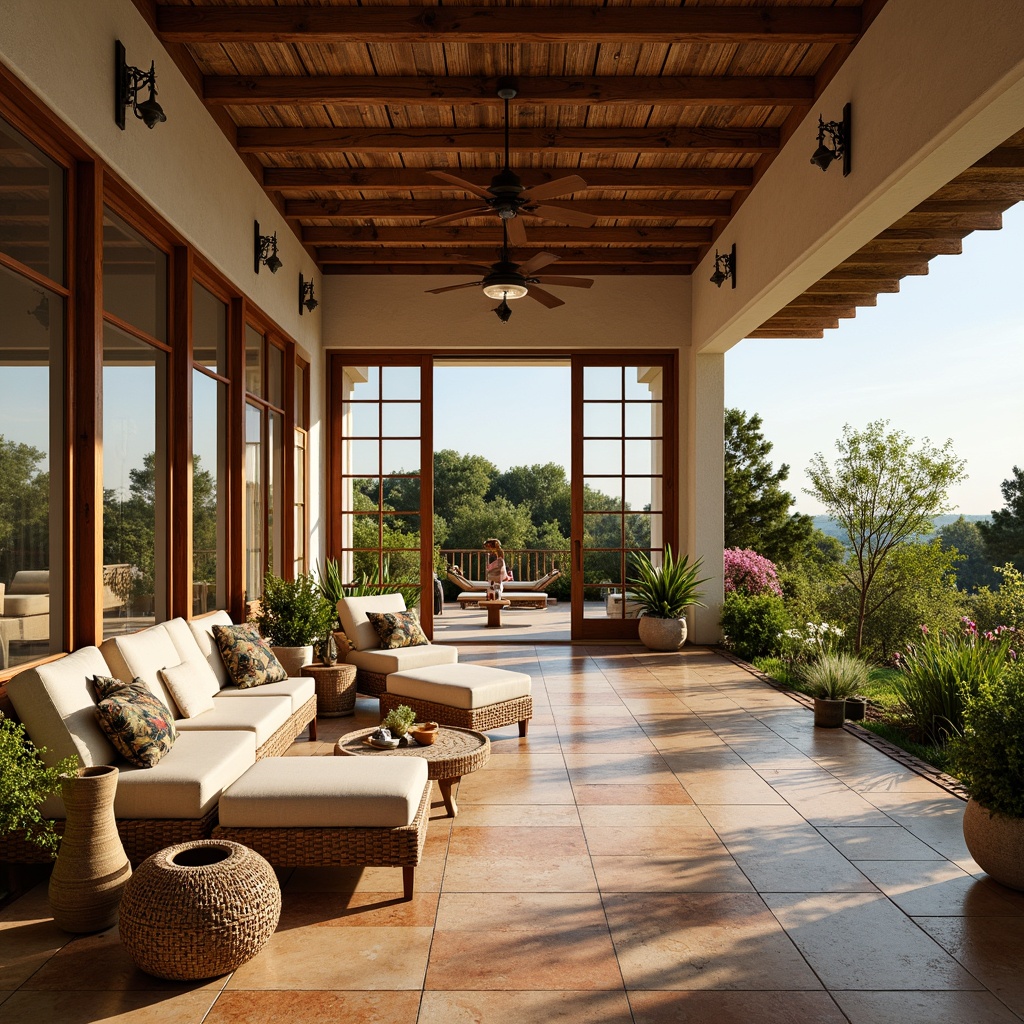 Prompt: Vibrant sunroom, natural stone flooring, warm terracotta tiles, rustic wooden accents, lush greenery, blooming flowers, modern minimalist furniture, floor-to-ceiling windows, sliding glass doors, panoramic views, soft warm lighting, shallow depth of field, 3/4 composition, realistic textures, ambient occlusion, Mediterranean-inspired decor, earthy color palette, nature-inspired patterns, ornate ceramic vases, woven rattan furniture, cozy throw pillows.