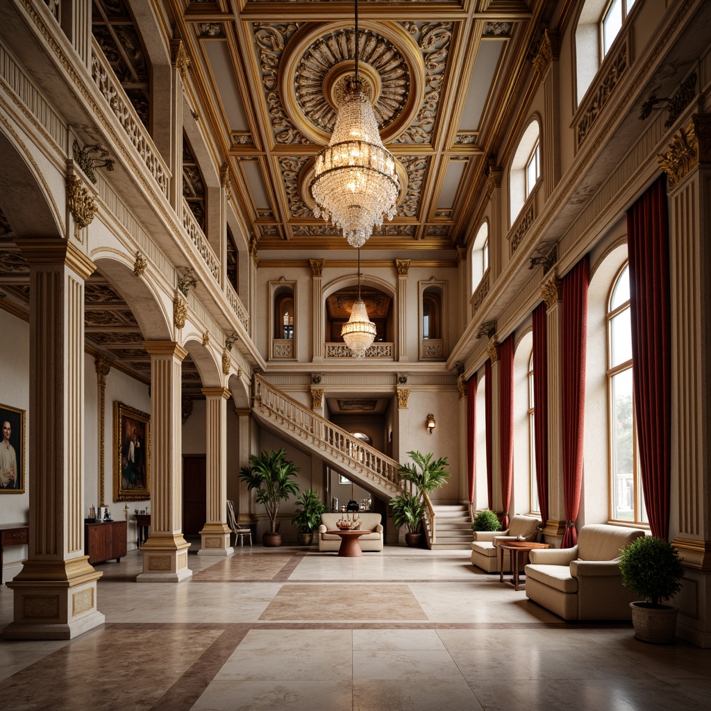 Prompt: Opulent great room, intricately molded ceilings, ornate plasterwork, gilded details, crystal chandeliers, marble flooring, grand staircase, sweeping archways, fluted columns, carved wooden paneling, velvet drapes, luxurious furnishings, soft warm lighting, shallow depth of field, 3/4 composition, panoramic view, realistic textures, ambient occlusion.