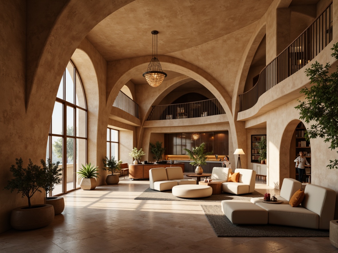 Prompt: Organic interior, fluid curvatures, sweeping archways, sinuous railings, rounded furniture, velvety upholstery, soft warm lighting, ambient shadows, minimalist decor, natural materials, wooden accents, marble countertops, circular columns, ornate chandeliers, plush area rugs, cozy reading nooks, serene atmosphere, shallow depth of field, 1/1 composition, soft focus, realistic textures.