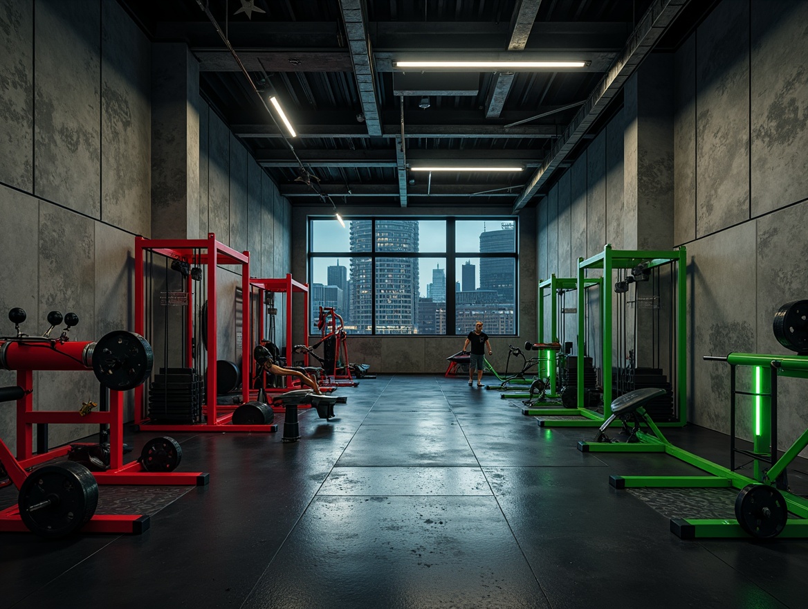 Prompt: Industrial fitness space, brutalist architecture, raw concrete walls, metallic equipment, muted color scheme, dark grey tones, bold red accents, neon green highlights, urban cityscape, nighttime atmosphere, dramatic shadows, high-contrast lighting, 1/2 composition, low-angle shots, gritty textures, realistic ambient occlusion.