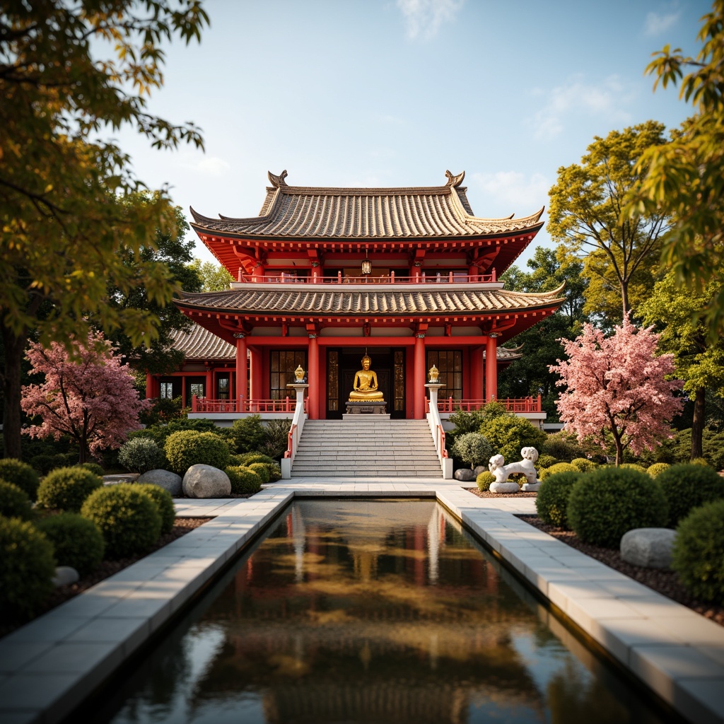 Prompt: Vibrant red pagoda roofs, golden Buddha statues, serene Asian-inspired gardens, intricately carved wooden doors, ornate lanterns, majestic stone lions, tranquil koi ponds, lush greenery, cherry blossom trees, soft warm lighting, shallow depth of field, 3/4 composition, panoramic view, realistic textures, ambient occlusion.