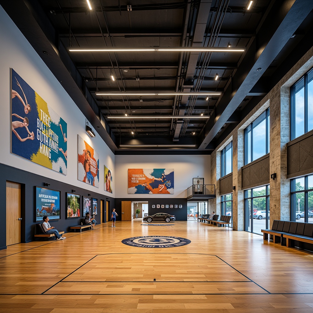 Prompt: Modern gymnasium interior, polished wooden floors, glossy acrylic walls, vibrant color scheme, dynamic LED lighting, athletic equipment displays, motivational quotes, textured concrete columns, sleek metal beams, minimalist ceiling design, natural stone accents, sound-absorbing panels, functional storage spaces, flexible seating areas, energetic atmosphere, high-contrast photography, shallow depth of field, 1/2 composition.