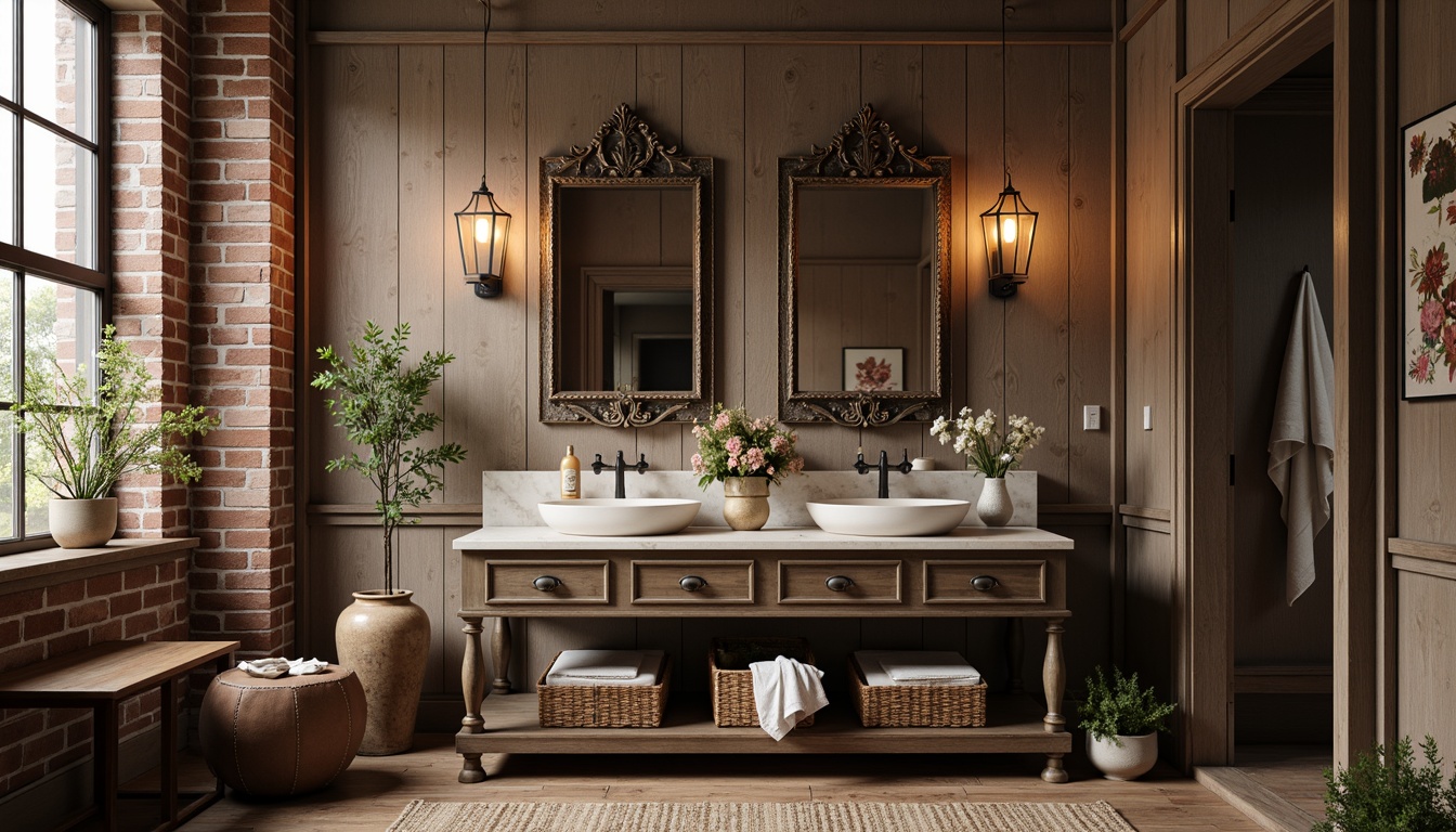 Prompt: Rustic powder room, distressed wooden cabinets, vintage metal hardware, earthy color palette, soft warm lighting, natural stone countertops, porcelain sink, ornate mirror frames, woven baskets, potted greenery, flower-patterned textiles, antique decorative items, worn leather stools, wooden floorboards, exposed brick walls, industrial-style pendant lights, 3/4 composition, shallow depth of field, realistic textures.