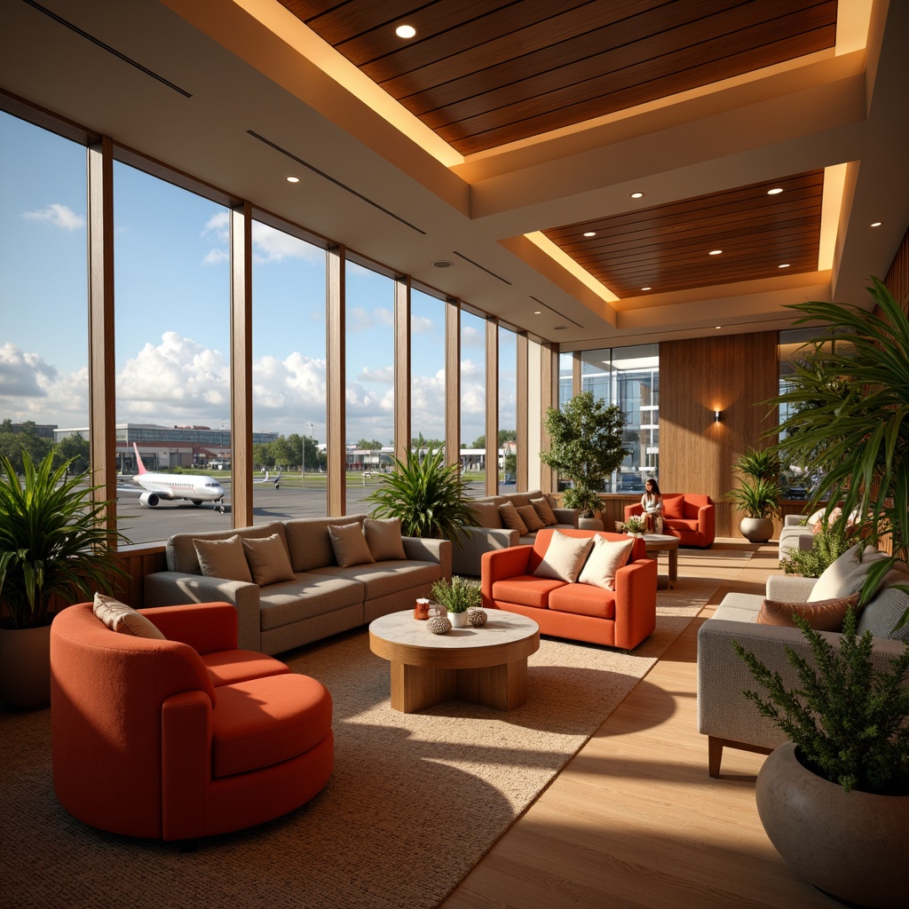 Prompt: Cozy airport lounges, plush sofas, vibrant color schemes, natural wood accents, soft warm lighting, shallow depth of field, 3/4 composition, panoramic views, realistic textures, ambient occlusion, calm atmosphere, peaceful ambiance, lush greenery, tropical plants, modern minimalist design, ergonomic seating, adjustable armrests, comfortable cushions, ample legroom, USB charging stations, power outlets, complimentary Wi-Fi, refreshing beverage bars, snack counters, relaxing music playlists, gentle air circulation.