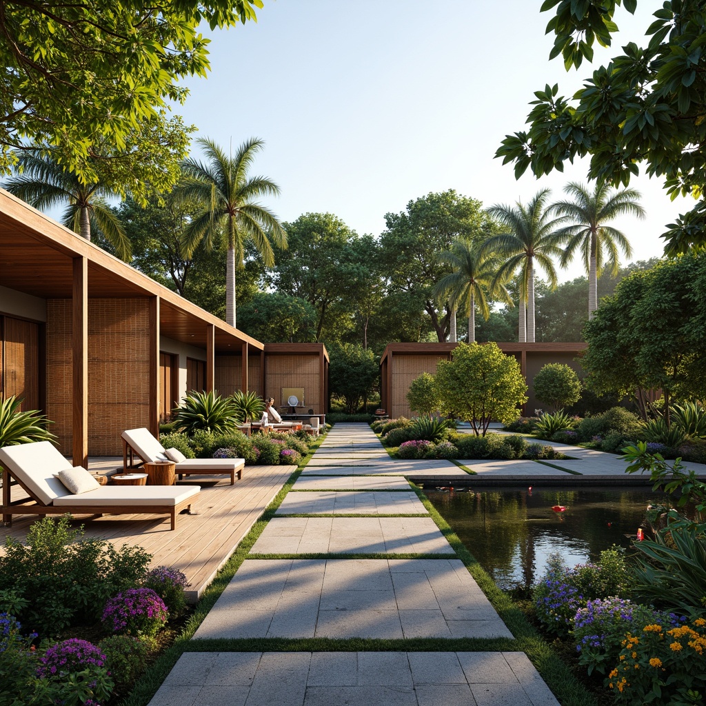 Prompt: Vibrant tropical garden, exotic flowers, lush greenery, wooden decking, rattan furniture, natural stone pathways, water features, koi ponds, colorful tiki torches, woven bamboo screens, tropical hardwood buildings, modern minimalist architecture, large sliding glass doors, panoramic views, warm sunny day, soft diffused lighting, shallow depth of field, 1/1 composition, realistic textures, ambient occlusion.