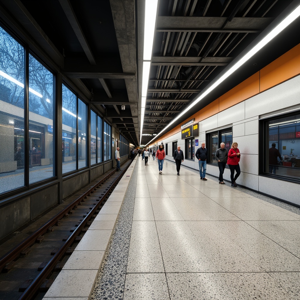 Prompt: Vibrant metro station, high-traffic flooring, durable granite surfaces, terrazzo tiles, sleek stainless steel accents, modern minimalist design, industrial chic atmosphere, urban cityscape, bustling pedestrian traffic, bright overhead lighting, LED light strips, shallow depth of field, 1/1 composition, realistic textures, ambient occlusion.