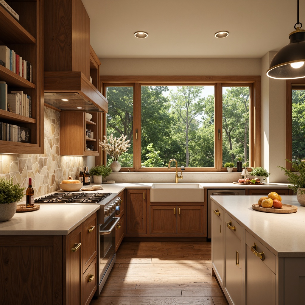 Prompt: Warm kitchen ambiance, earthy tone cabinetry, creamy white countertops, soft gold hardware, rustic wooden flooring, natural stone backsplashes, warm beige walls, rich brown island, pendant lighting fixtures, cozy breakfast nook, lush greenery, sunny morning light, shallow depth of field, 1/2 composition, realistic textures, ambient occlusion.