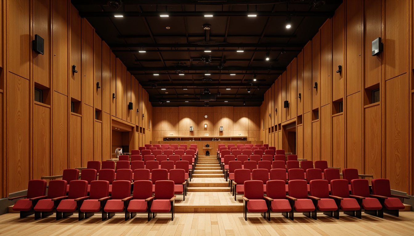 Prompt: Auditorium interior, mid-century modern design, wooden paneling, curved lines, minimal ornamentation, natural materials, earthy tones, soft warm lighting, cozy atmosphere, tiered seating, plush red chairs, polished wood floors, acoustic panels, sound-absorbing materials, professional audio equipment, suspended ceiling speakers, ambient lighting, subtle color scheme, 1/1 composition, shallow depth of field, realistic textures, subtle reflections.