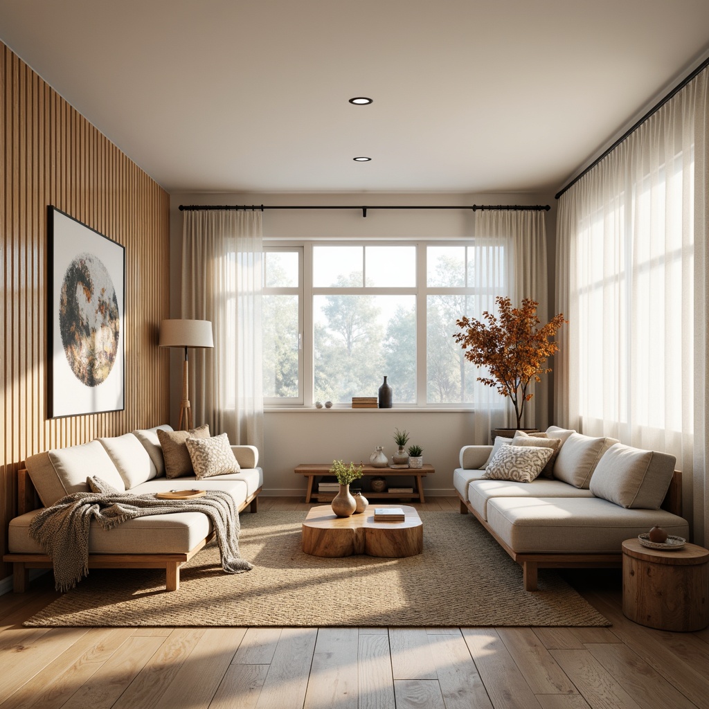 Prompt: Cozy Nordic living room, abundant natural light, soft warm glow, minimalist decor, light wood flooring, white walls, large windows, sheer curtains, rustic wooden accents, woven textiles, plush throw blankets, comfortable sofas, nature-inspired color palette, gentle shadows, atmospheric ambiance, shallow depth of field, 1/1 composition, realistic textures, ambient occlusion.