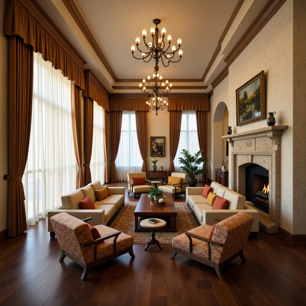 Prompt: Luxurious villa interior, warm beige walls, dark wood flooring, comfortable sofas, velvet upholstery, ornate coffee tables, elegant chandeliers, natural stone fireplaces, floor-to-ceiling windows, sheer white curtains, rich fabrics, subtle patterns, soft warm lighting, 1/1 composition, realistic textures, ambient occlusion.