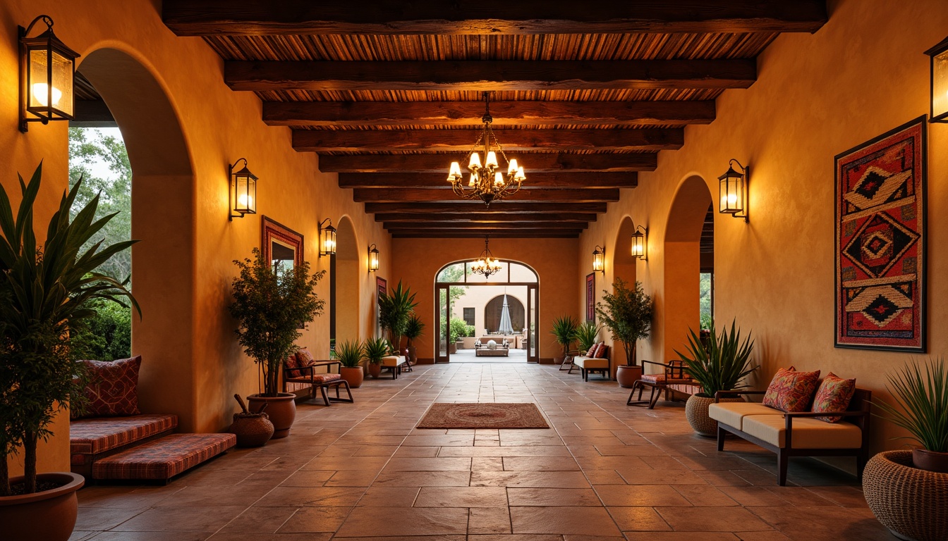 Prompt: Warm and inviting hall, southwestern style decor, rustic wooden beams, earthy color palette, natural stone flooring, woven textiles, vibrant Native American patterns, lantern-style lighting fixtures, wrought iron chandeliers, pendant lamps with terra cotta shades, cozy candlelight, warm golden glow, soft ambient illumination, shallow depth of field, 1/1 composition, realistic textures, ambient occlusion.