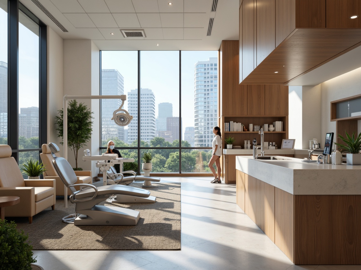 Prompt: Modern dental clinic, sleek waiting area, comfortable patient chairs, ergonomic dentist stools, adjustable examination lights, stainless steel equipment, sterilization rooms, calming color scheme, natural wood accents, plush carpets, minimalist decor, abundant natural light, floor-to-ceiling windows, cityscape views, soft background music, gentle air purification systems, 3/4 composition, shallow depth of field, realistic textures.