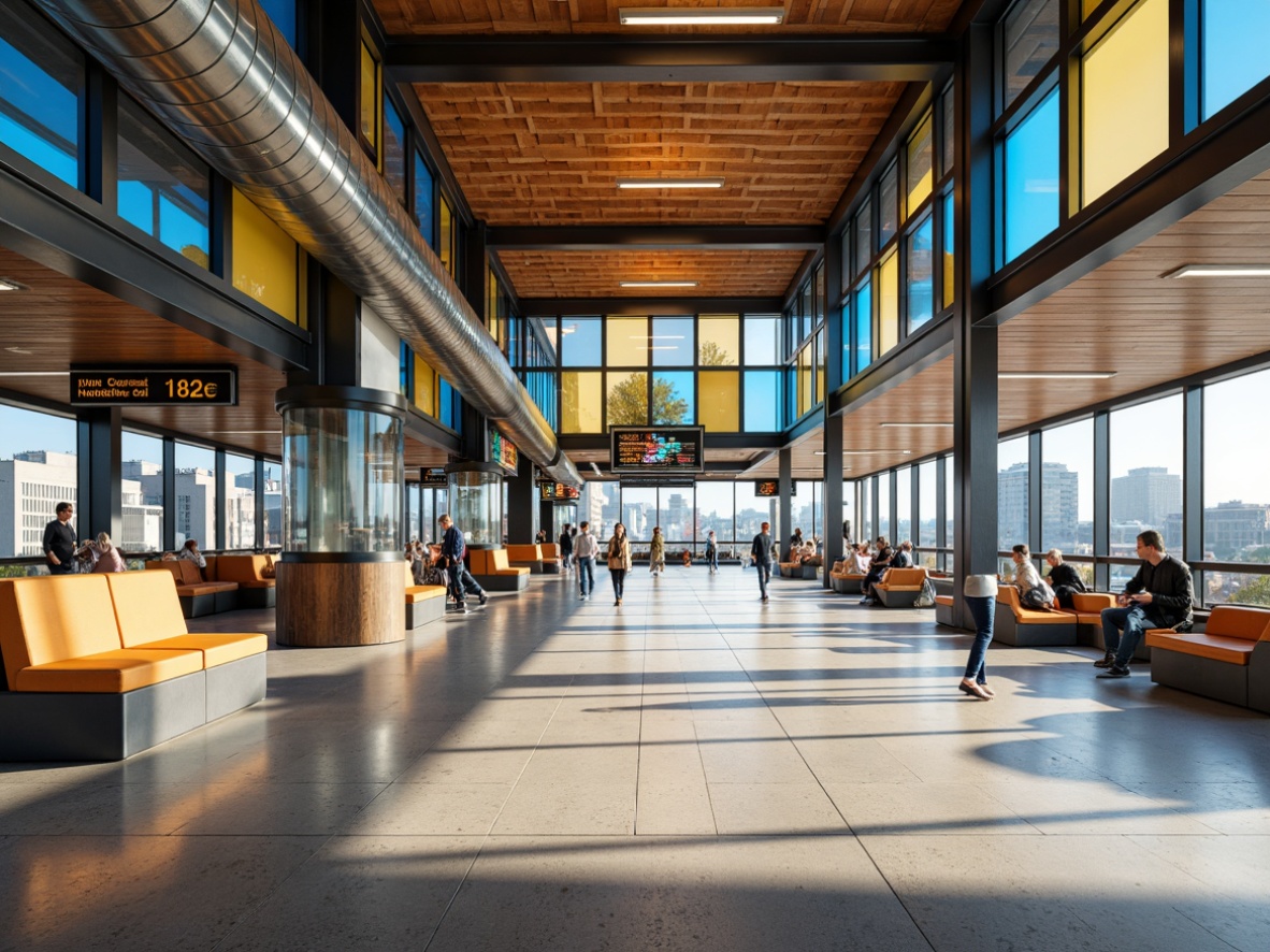 Prompt: Vibrant bus station interior, modern industrial design, exposed ductwork, polished concrete floors, sleek metal columns, urban cityscape views, natural light pouring in, warm beige tones, deep blue accents, bold yellow highlights, energetic orange hues, rich wood textures, comfortable seating areas, intuitive wayfinding signage, clear glass railings, minimal ornamentation, functional LED lighting, shallow depth of field, 1/2 composition, realistic reflections, ambient occlusion.