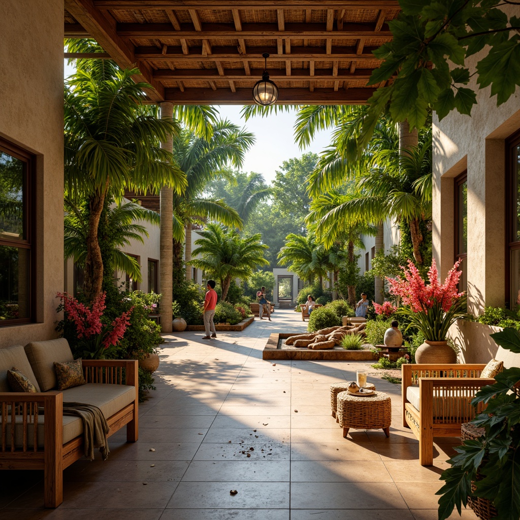 Prompt: Vibrant tropical hall, exotic palm trees, lush greenery, colorful floral arrangements, rattan furniture, natural woven textiles, wooden accents, bamboo decorations, shells, driftwood, lantern-style lighting, warm golden tones, soft diffused light, shallow depth of field, 1/1 composition, realistic textures, ambient occlusion.