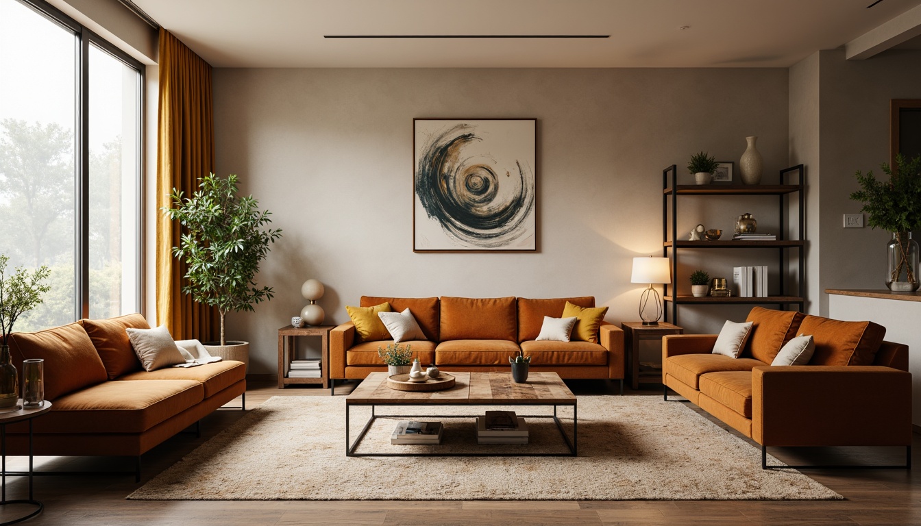 Prompt: Elegant living room, plush sofas, velvet armchairs, reclaimed wood coffee tables, metal floor lamps, industrial-chic decor, natural fiber rugs, minimalist shelves, abstract artwork, warm beige walls, large windows, soft diffused lighting, 1/1 composition, intimate atmosphere, cozy throw blankets, vintage decorative accents.